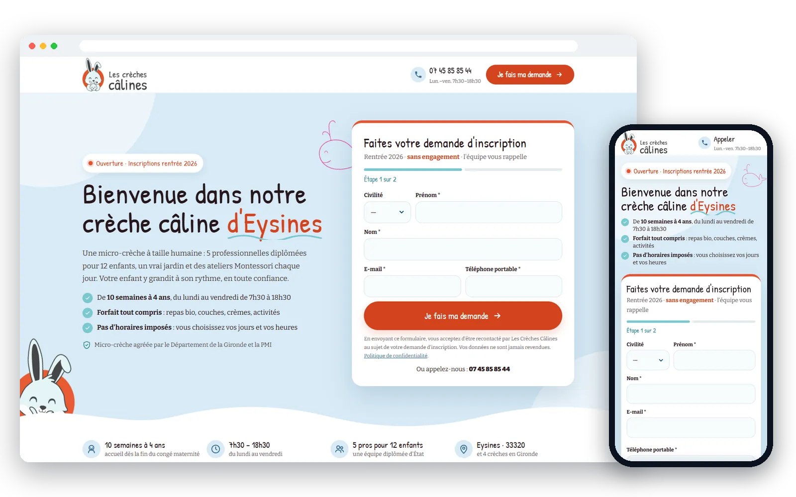 Landing page des Crèches Câlines pour la micro-crèche d'Eysines, sur ordinateur et sur téléphone